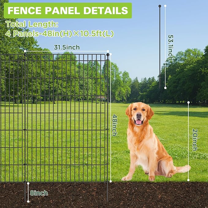 4 Panels No Dig Garden Fence Animal Barrier, 48in(H) × 10.5ft(L) Decorative Metal Outdoor Dog Fence, Rustproof Pet Fencing for Yard, Patio, Flower Bed -Temporary Fencing| Easy to Install