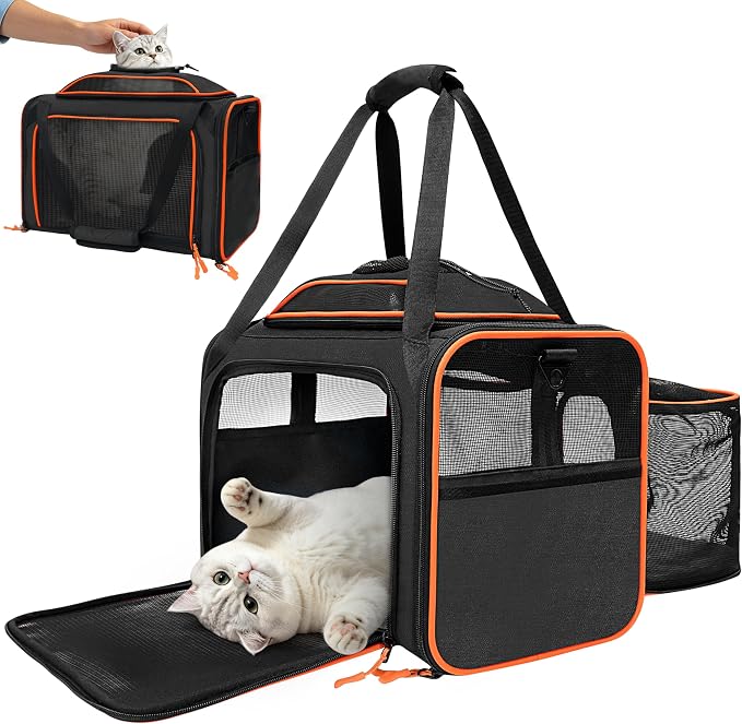 Expandable Cat Carrier Bag,Airline Approved Expandable Soft-Sided Pet Carrier(16"x 11"x 11") with Removable Pad,for Cats 12lbs,(Black Orange).