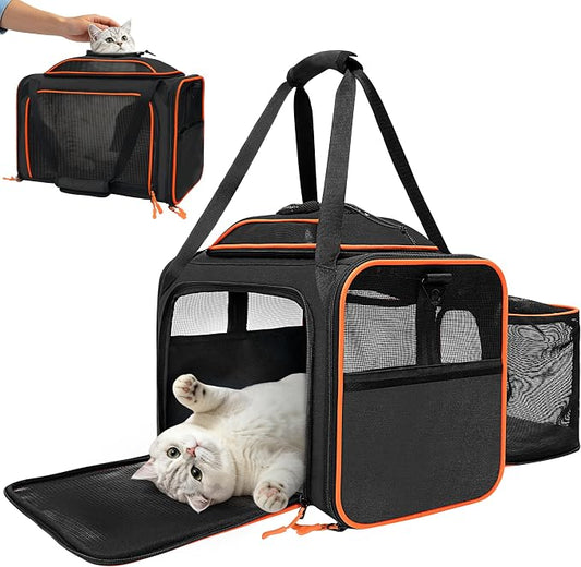 Expandable Cat Carrier Bag,Airline Approved Expandable Soft-Sided Pet Carrier(16"x 11"x 11") with Removable Pad,for Cats 12lbs,(Black Orange).