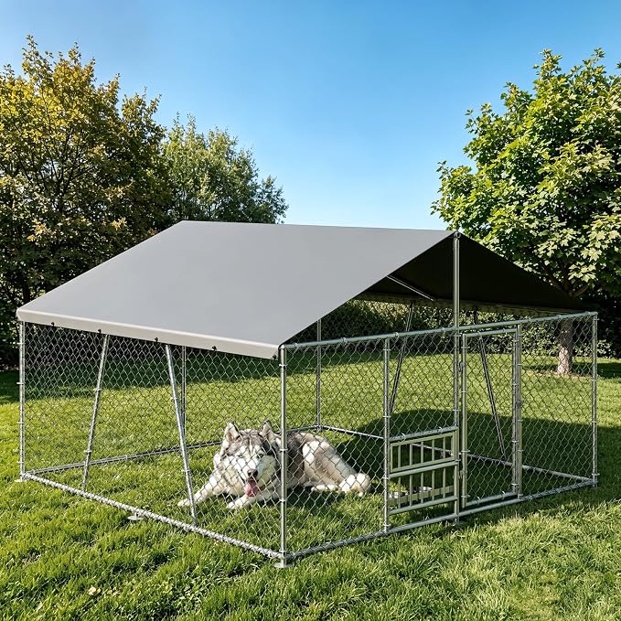 GarveeLife Outdoor Dog Kennel with Waterproof Cover, Dog Kennel Outside with Adjustable Bowls Feeder, Outdoor Dog Enclosure for Medium Large Dogs, 10ftx10ftx5.9ft