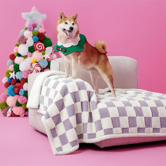 LE SURE Waterproof Dog Blankets for Large Dogs Cute Cozy 3D Jacquard,40x50 | Warm Soft Pet Blanket for Senior Dogs Aesthetic Gift, Washable Sherpa Throw, Reversible Couch Protector, Lavender Checks