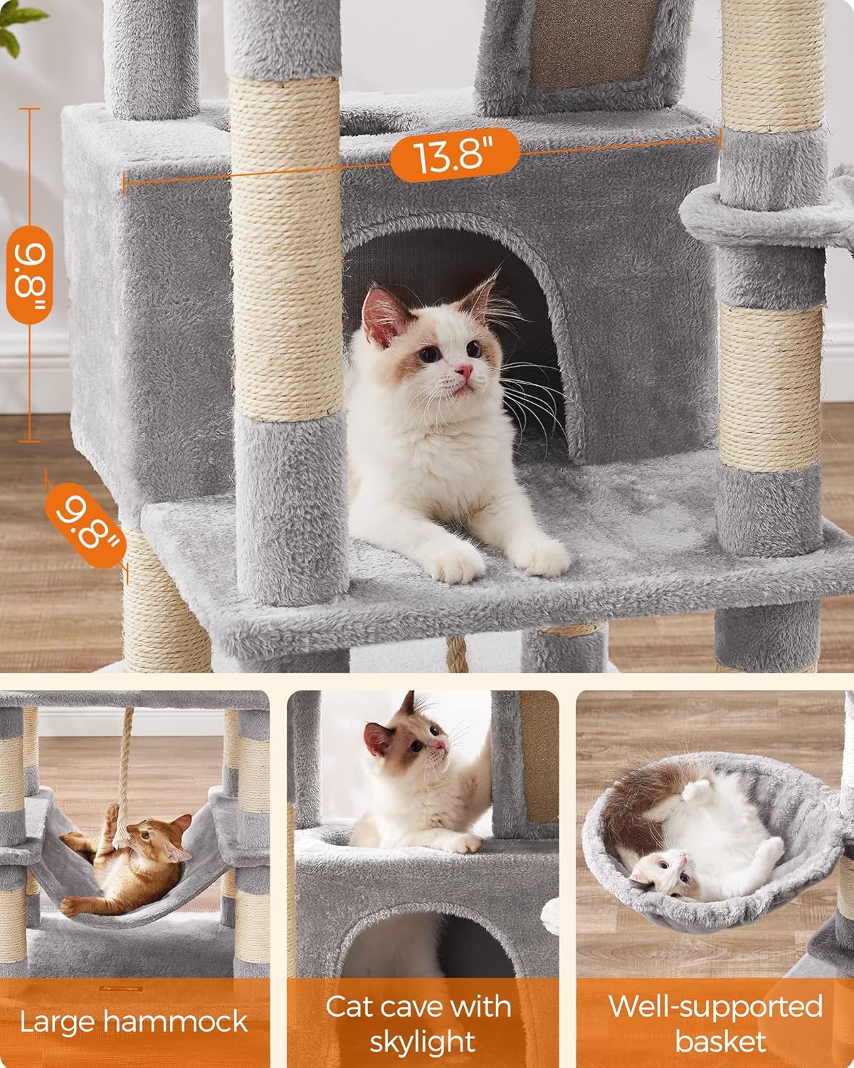 Feandrea Cat Tree, 66.1-Inch Large Cat Tower with 13 Scratching Posts, 2 Perches, 2 Caves, Basket, Hammock, Pompoms, Multi-Level Plush Cat Condo for Indoor Cats, Light Gray UPCT165W01