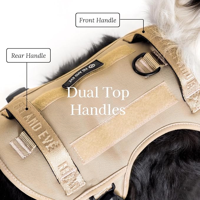 Fei & Eve Classic Dog Harness, MagEase Magnetic Buckle | 3-Point No-Pull Control, Dual Handle Support, 900D Nylon, Tactical Patch Panel, Heavy Duty, Medium, Champagne
