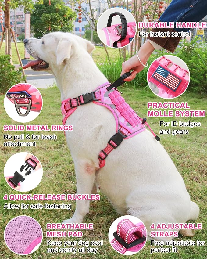 Tactical Dog Harness No Pull,Service Dog Vest with Handle,Pink Camo, XL | Adjustable Military,Reflective ＆ Molle Loop Panels, for Medium Large Size Dogs for Training Walking Running