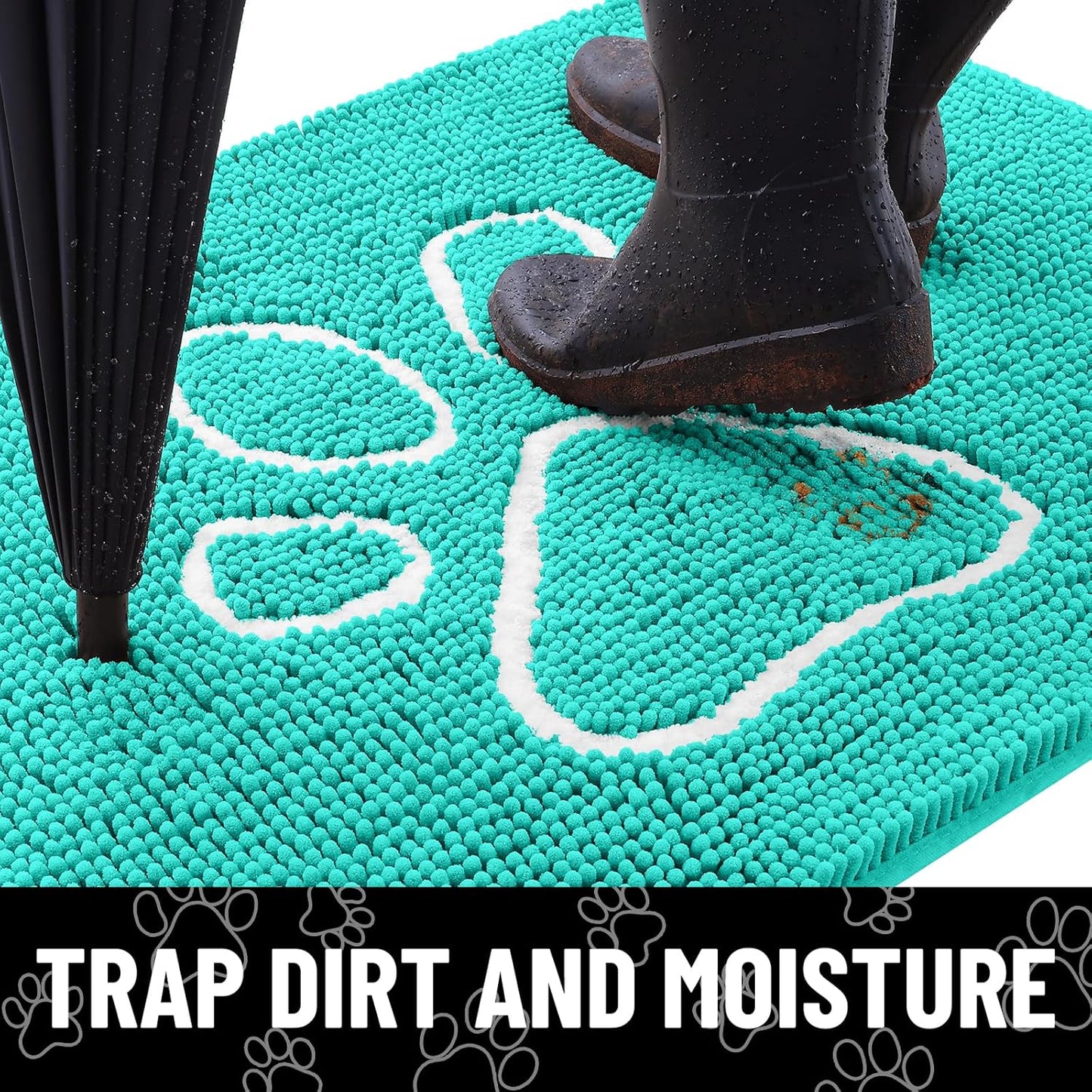 Smiry Dog Door Mat for Muddy Paws, Absorbent Dirt Trapper Non Slip Quick Dry Washable Chenille Mat for Mud Dogs, Entry Rug for Indoor and Outdoor (40x32 Inches, Turquoise)