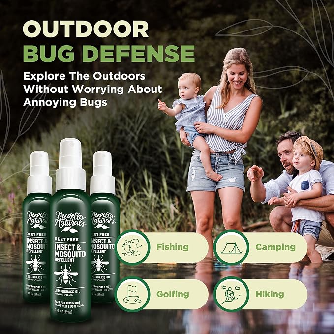 Deet-Free Insect & Mosquito Repellent – Nice Smelling, Pack of 3 (2 oz) | Insect Repellent with Lemongrass Oil Safe for Pets and Kids – Bug Spray Against Mosquitoes, Gnats, Black Flies, and No-See-um