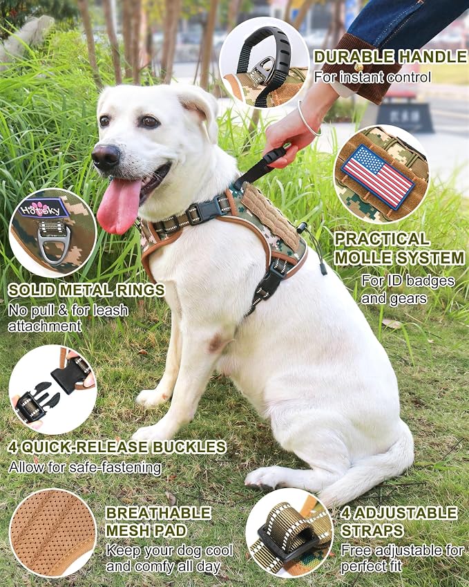 Tactical Dog Harness No Pull,Service Dog Vest with Handle,Army Camo, M | Adjustable Military,Reflective ＆ Molle Loop Panels, for Medium Large Size Dogs for Training Walking Running