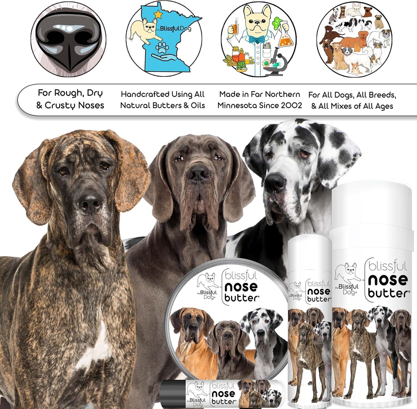 The Blissful Dog Great Dane Nose Butter for Dry, Cracked Skin, Lick-Safe Dog Nose Balm with Moisturizing Shea Butter, Almond, Olive, and Essential Oils, Pet Supplies, Uncented, 8 oz.