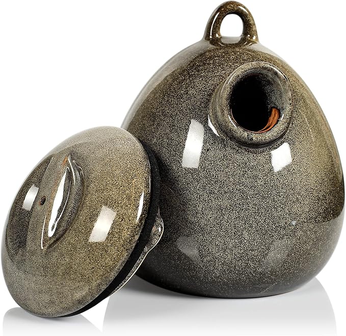 Byer of Maine Egg Bird Home for Small Songbirds, Sandy Granite, High Fired Porcelain Stoneware, Ceramic Bird House, Glaze Finish, with Forged Steel Hook