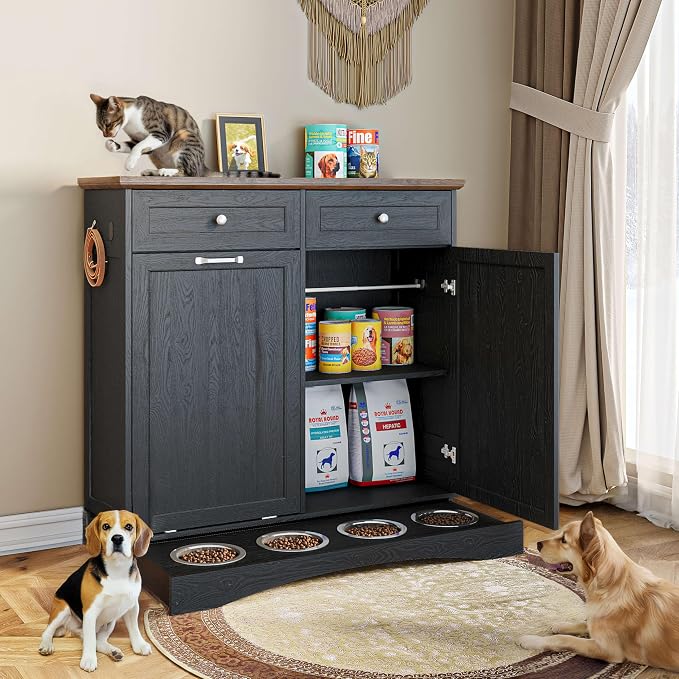 FIMELLO 39.7’’W Dual Doors Dog Food Storage Cabinet, Tilt-Out Dog Feeding Station with 4 Feeding Bowls, Pet Feeder Cabinet, Black Grain