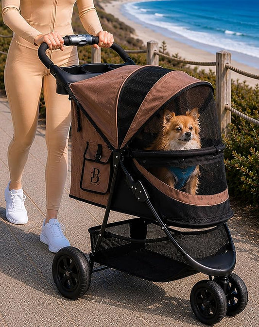 Pet Gear No-Zip Special Edition 3 Wheel Pet Stroller, Mocha | Zipperless Entry, Easy One-Hand Fold, Removable Liner, Cup Holder, For Cats/Dogs