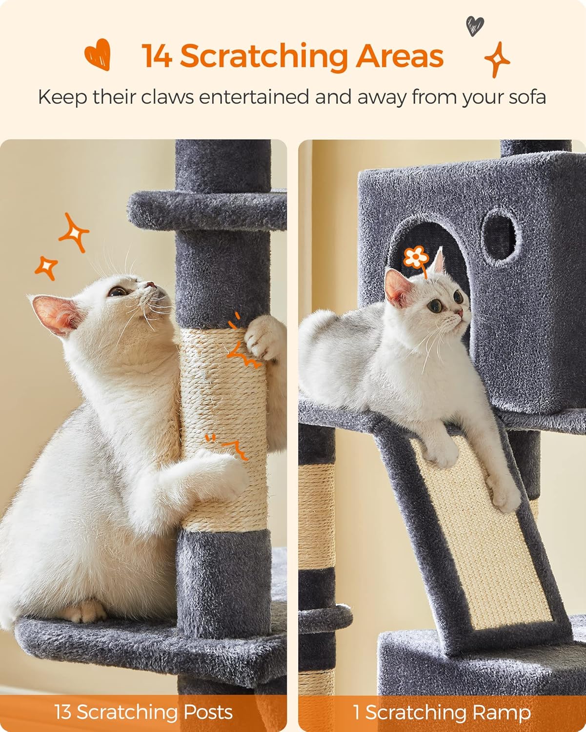 Feandrea Cat Tree, 81.1-Inch Large Cat Tower with 13 Scratching Posts, 2 Perches, 2 Caves, Basket, Hammock, Pompoms, Multi-Level Plush Cat Condo for Indoor Cats, Smoky Gray UPCT190G01