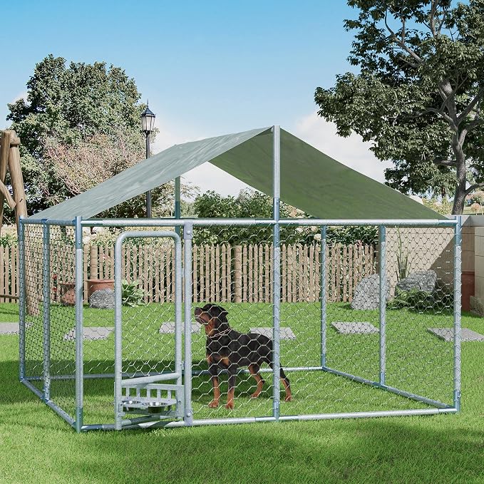 7.5×7.5×5.3 FT Outdoor Dog Kennel Enclosure w/Roof, Rotating Feeder | Large Heavy Duty Dog Run Playpen with 2 Stainless Bowls, Galvanized Pet House with Secure Lock, Waterproof Cover