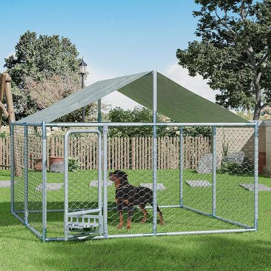 7.5×7.5×5.3 FT Outdoor Dog Kennel Enclosure w/Roof, Rotating Feeder | Large Heavy Duty Dog Run Playpen with 2 Stainless Bowls, Galvanized Pet House with Secure Lock, Waterproof Cover