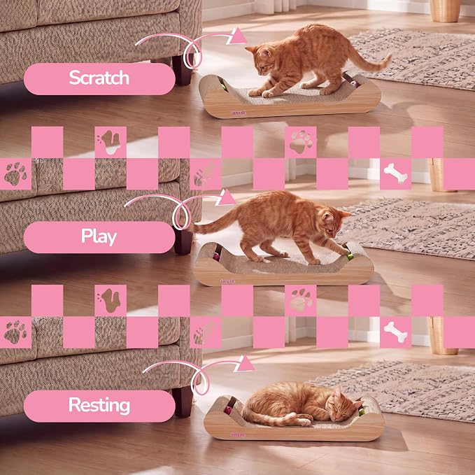 Rini 23.75" Modern Cardboard Cat Scratcher Lounge Bed with Built-in Bell Toys and Catnip, Ergonomic Curved Sofa Design, Oak Wood Finish, Set of 2 CSR1003C-SET2