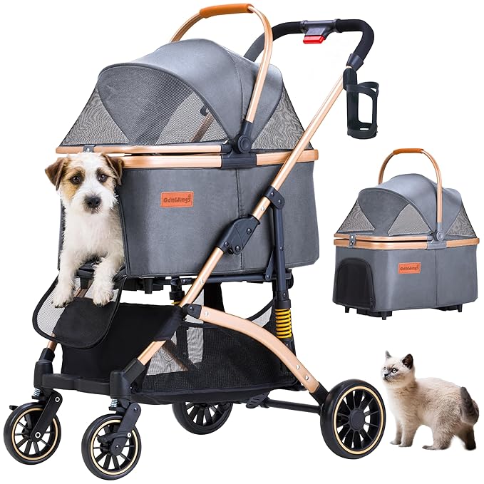 Dog Stroller for Small Dogs, Lightweight Pet Stroller for 2 Cats Dogs with 6 Shock Absorption System, Detachable Carrier Suitable for Car Seat & Hand Carry, Safe Outings, Gray