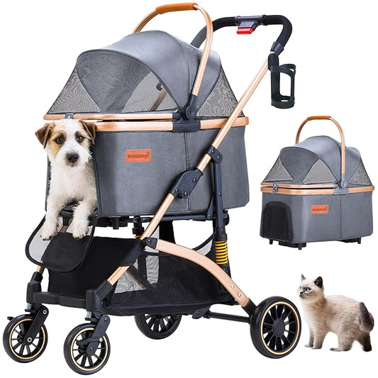 Dog Stroller for Small Dogs, Lightweight Pet Stroller for 2 Cats Dogs with 6 Shock Absorption System, Detachable Carrier Suitable for Car Seat & Hand Carry, Safe Outings, Gray