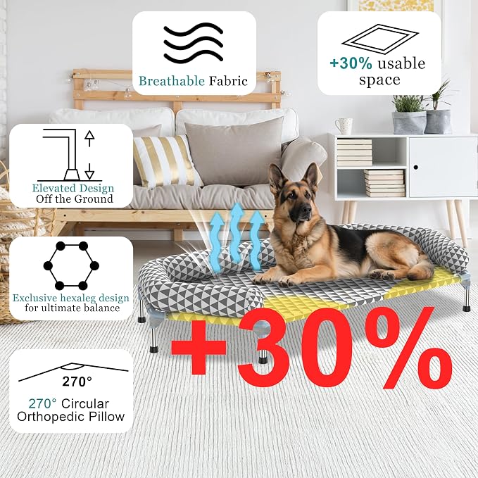 Orthopedic Dog Beds for Large Dogs,U-Shaped Bolster ，Up to 130 lbs | 6-Sided Design，Elevated Dog bed，Breathable Fabric, Dual-Layer Cotton, Stainless Steel Frame, Anti-Slip Feet