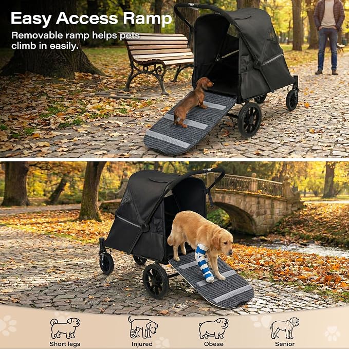 LAUSAINT HOME 4 Wheels Pet Stroller, Foldable Oversized Dog Stroller for Medium & Large Dogs with Built-in Access Ramp, Lightweight Dog Cat Carrier with Breathable Mesh Cover, Khaki