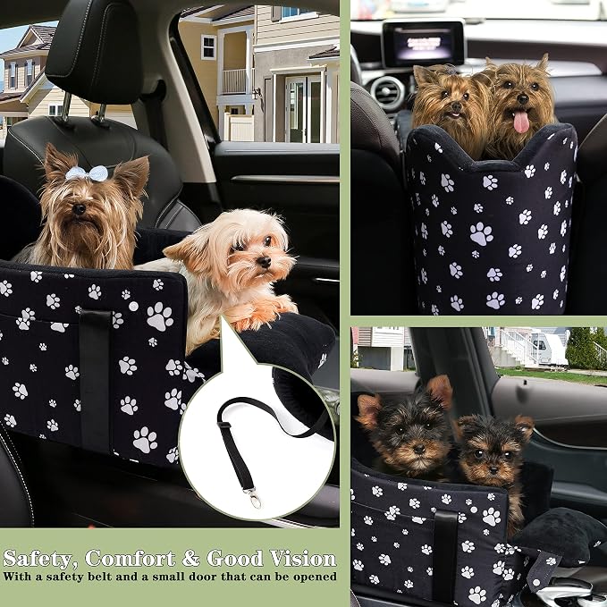 Center Console Dog Car Seat for Medium Dogs, Black | Anti-Collapse Armrest Booster, Soft Cushion, Safety Belt