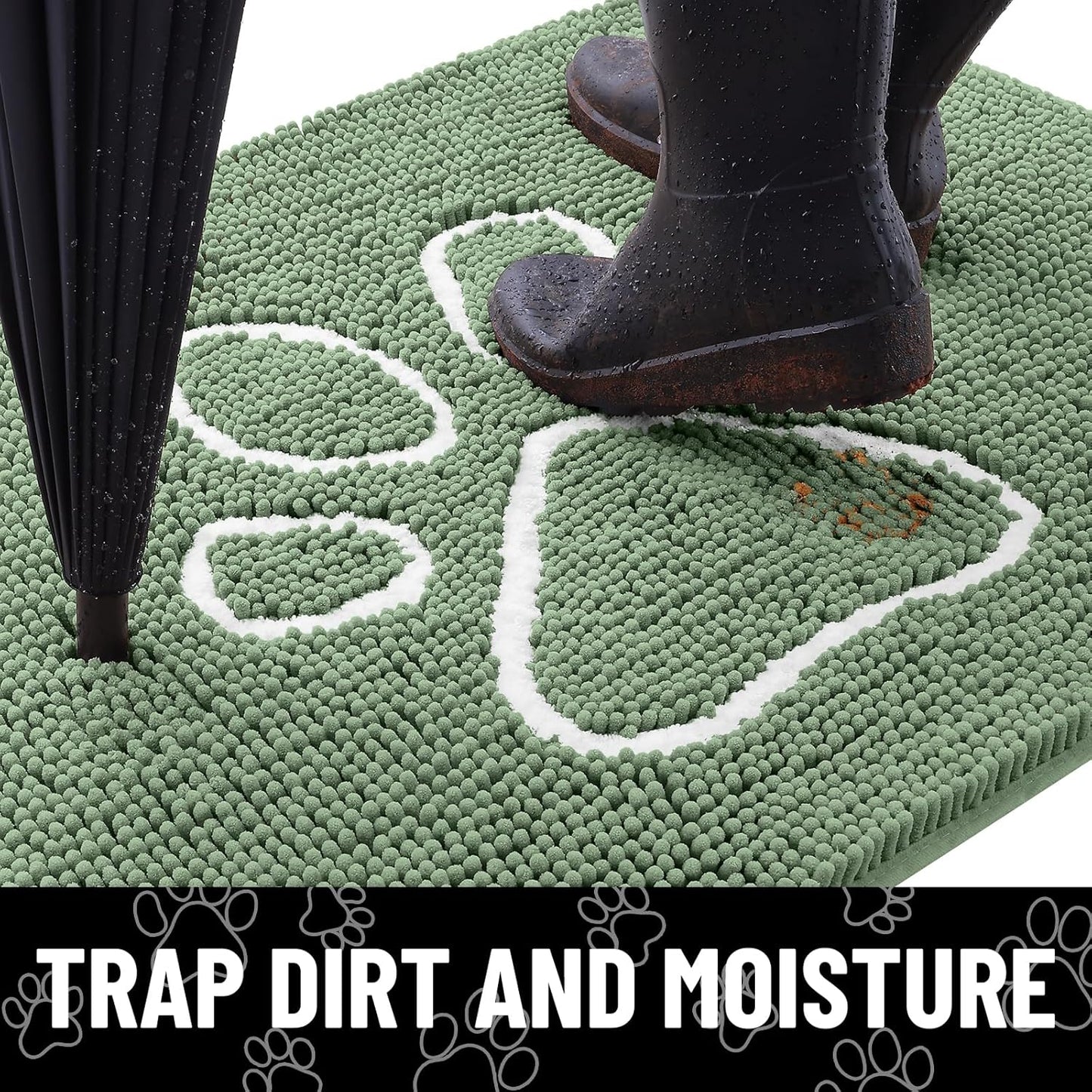 Smiry Dog Door Mat for Muddy Paws, Absorbent Dirt Trapper Non Slip Quick Dry Washable Chenille Mat for Mud Dogs, Entry Rug for Indoor and Outdoor (36x24 Inches, Olive Green and White)