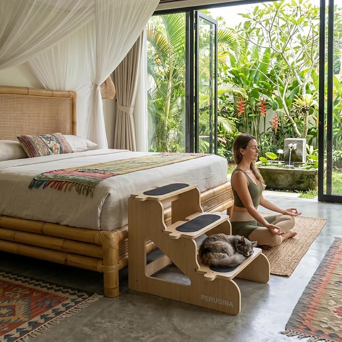 PERUGINA Wood Dog Stairs for Bed,NaturalWood Pattern,L 80lb