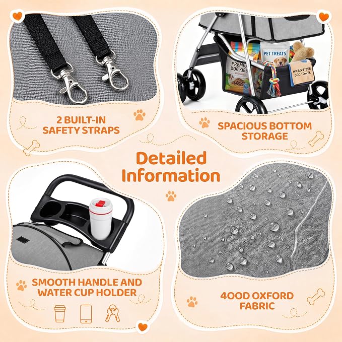 ZENY Foldable Pet Stroller, Cat/Dog Stroller with 4 Wheel, Pet Travel Carrier Strolling Cart with Storage Basket, Cup Holder (Grey)