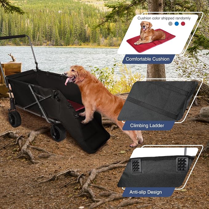 REDCAMP Folding Dog Wagon Cart with Extendable Rear End Heavy Duty, 220L Large Collapsible Utility Cart Dog Stroller with Tailgate for Sports Shopping Pet, Black