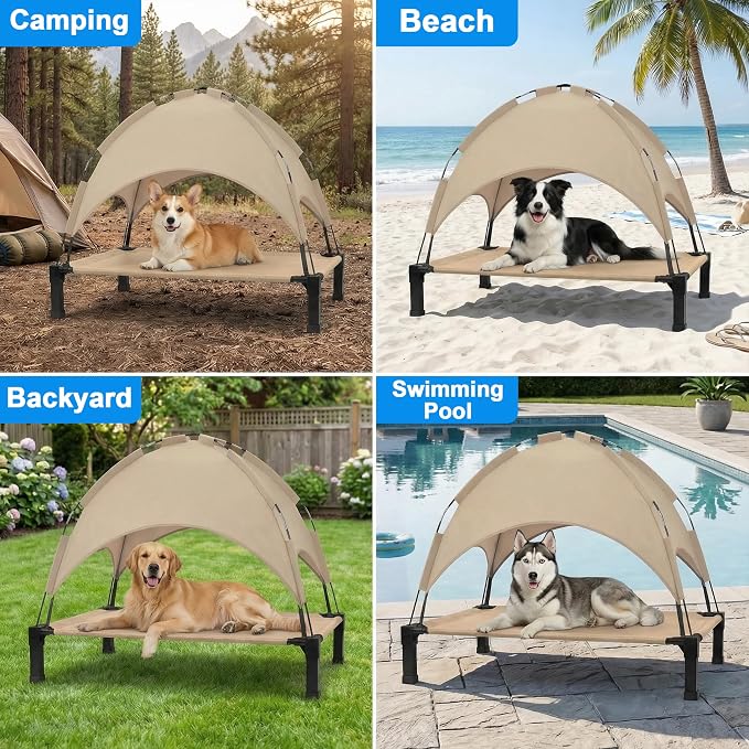 Elevated Dog Bed with Canopy Raised Pet Cot for Large Dogs, Outdoor Dog Cot with Removable Sun Shade Tent, Breathable Mesh Portable Dogs Cot for Camping, Beach, Backyard, Outdoor Use