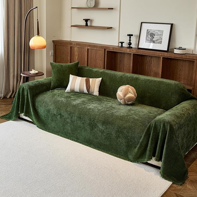 VClife Vintage Olive Green Striped Couch Cover with Tassel, 71" X 150" | Soft Thick Chenille Couch Covers for 3 Cushion Couch Sofa, Washable Sofa Covers for Sectional Sofa, Fade & Shrink Resistant