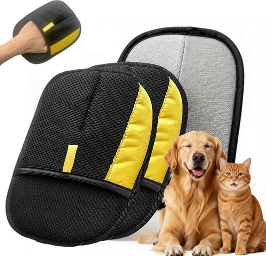 Electrostatic Pet Hair Removal Glove for Cats & Dogs, Reusable Magic Brush for Furniture & Clothes, Cat & Dog Fur Remover Tool (Black-Yellow Medium 2-Pack)
