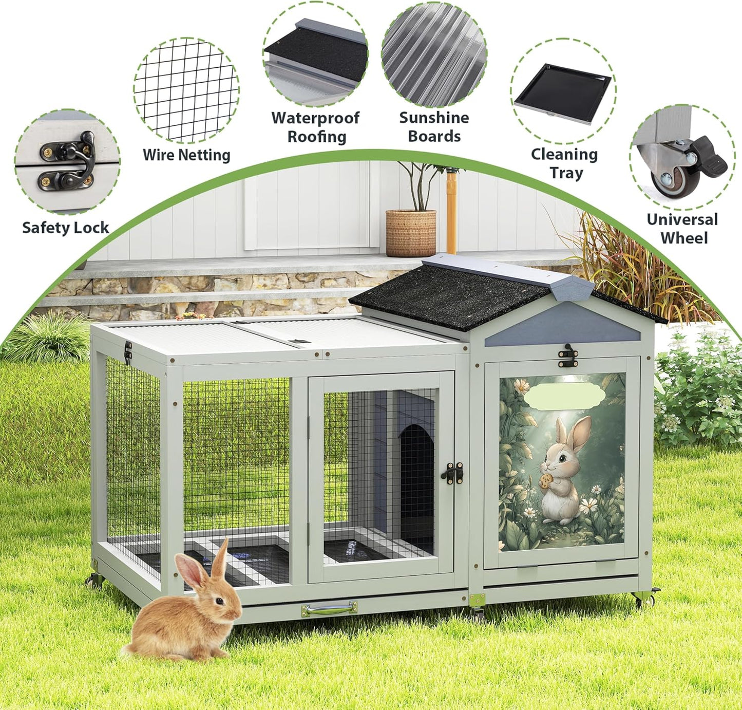 COZIWOW 39inches Assembled Wood Rabbit Hutch Indoor，Wide Space Small Animal Houses with Removable Tray&Safety Lock，Bunny Cage with Waterproof Roof&Solar Panels (Grey with Pattern)