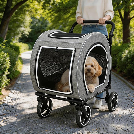 Saudism Pet Stroller for Dogs Cats up to 50 lbs, Foldable Dog Stroller with 360° Swivel Wheels, Detachable Carrier, Adjustable Handle, Travel Dog Stroller for Small Medium Large Pets, Gray