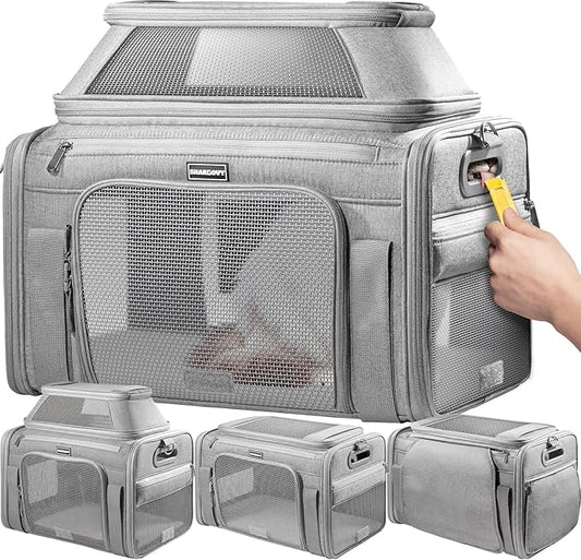 Top-Expandable Pet Carrier with Treat & Pet Window,17x11x9.5 Inch Alaska Hawaiian Airline Approved,Soft-Sided Dog Carrier for Small Dogs and Cats,Travel Cat Carrier with Locking Safety Zippers,Grey