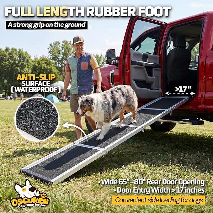 71" Aluminum Alloy Dog Ramp for Car SUV Truck Side Door, Foldable Outdoor Pet Ramp with Adjustable Support Head, Non-Slip Traction Surface, Sturdy Ramp for Large Dogs Up to 150 LBS (5 Folded)