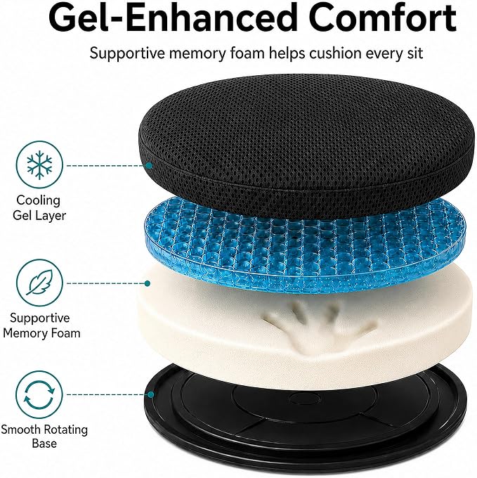 Sojoy iGelComfort Deluxe Gel Swivel Seat Cushion with Supportive Memory Foam 360 Degrees Rotating Seat Cushion for Home,Stool Chair,Office (Brown, 15.5 * 15.5 * 2.5)