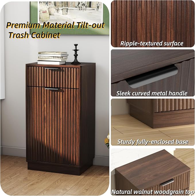 10-Gallon Single Tilt Out Trash Can Cabinet with Drawer,Kitchen Trash Can Cabinet Garbage Recycling Cabinet Wooden Dog-Proof Trash Cabinet for Dining Room and Kitchen,Laundry Room