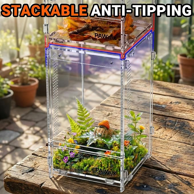 Jumping Spider Enclosure, Acrylic Terrarium with with Magnetic Doors, 0.8mm Micro-Ventilation, Stackable Escape-Proof Habitat for Jumping Spiders, Tarantulas & Small Reptiles, 4.7"x4.7"x8"