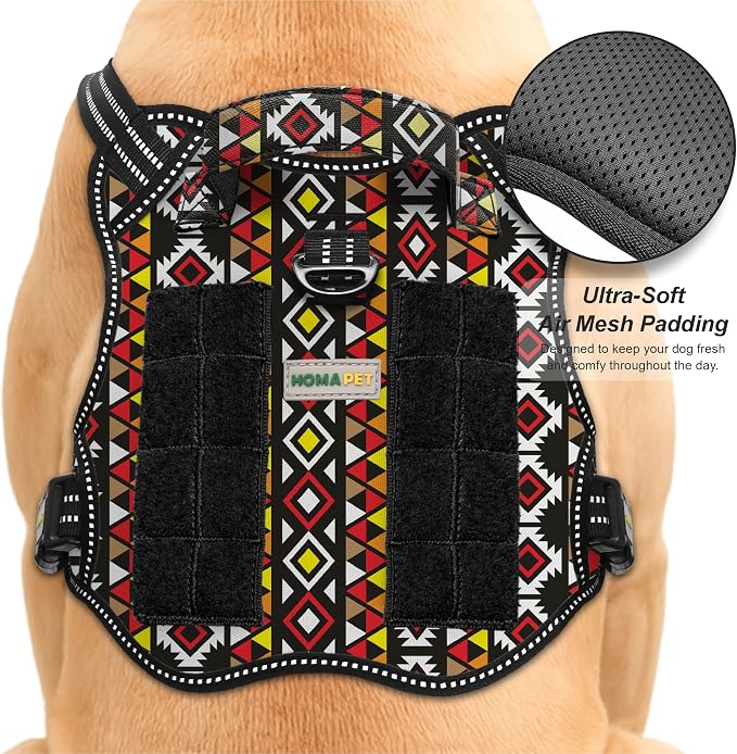 Homapet. Tactical Dog Harness with Dual Leash Attachment Points, Adjustable and Reflective Military Grade Dog Vest with Comfort Control Handle (Aztec, XXL)