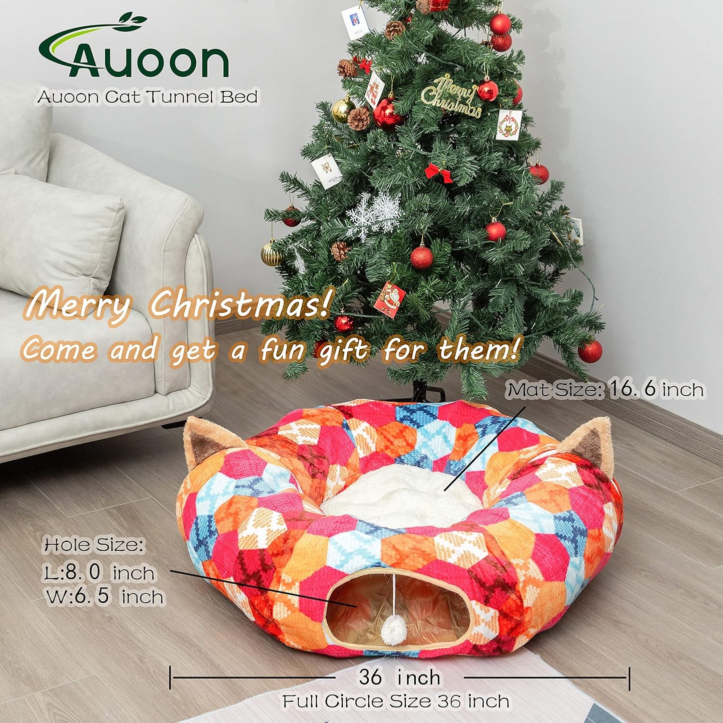 AUOON Cute Cat Donut Tunnel - Interactive Cat Tunnel Bed for Indoor Cats Kitten Kitty Puppy Rabbit Ferret (Orange)