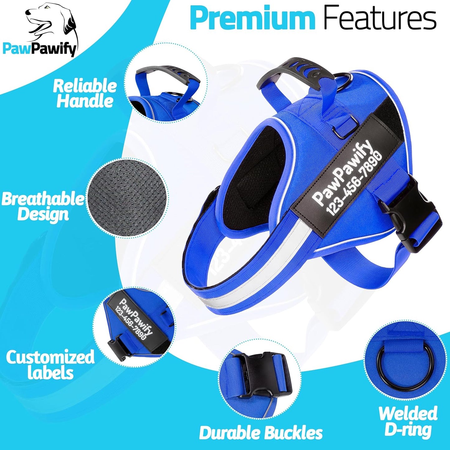 PawPawify Custom No Pull Dog Harness with Name and Phone Number, Heavy Duty Personalized Pet Vest to Prevent Tugging, Pulling, or Choking, Training and Walking (New Blue, S (10-19LBS))