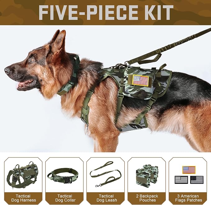 Forestpaw Tactical Dog Harness Collar Bungee Leash Set,L,Camo Green | Adjustable Fits 27-40" Chest,70-140 lbs,No Pull Control Military,Quick Release Buckle,Walking Training for Medium Large Dogs