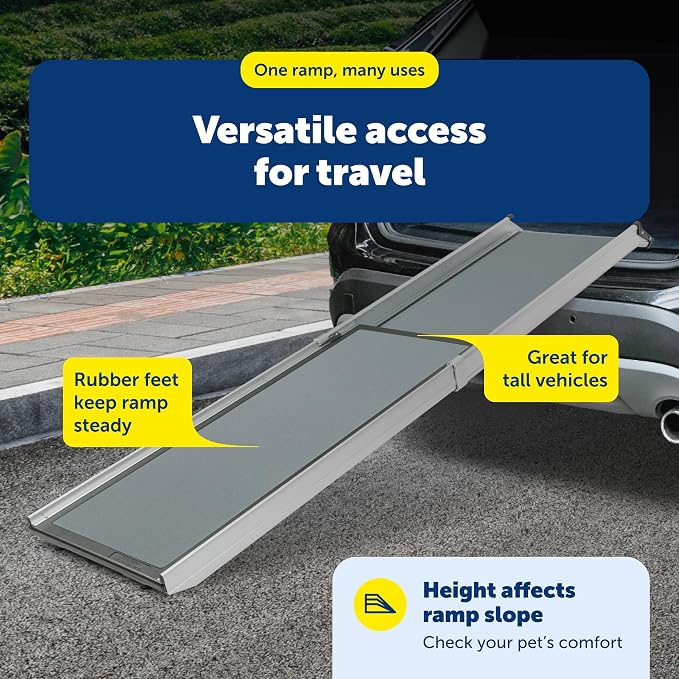 PetSafe Happy Ride Extra Long Telescoping Dog Ramp, Portable Pet Ramp for Cars, Trucks & SUVs with Adjustable Sizing | Extends 47-87 in to Reach Tall Trucks & SUVs, Rubber Feet, Side Rails, Safety Latch for Storage, Supports Dogs up to 300 Lb