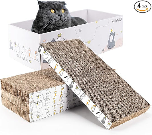 PatiencET Cat Scratch Pad with Box, 4 Pack Cardboard Cat Scratcher Lounge Bed for Indoor Cats, Reversible Corrugated Scratching Board Refill with Catnip