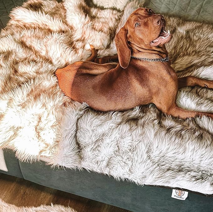 Waterproof Dog Blanket for Small, Medium & Large Dogs – Faux Fur Pet Throw for Couch, Sofa, Bed & Car – Soft, Washable, Stain-Resistant, Durable Cover – White w/Brown Tips – 60" x 50"