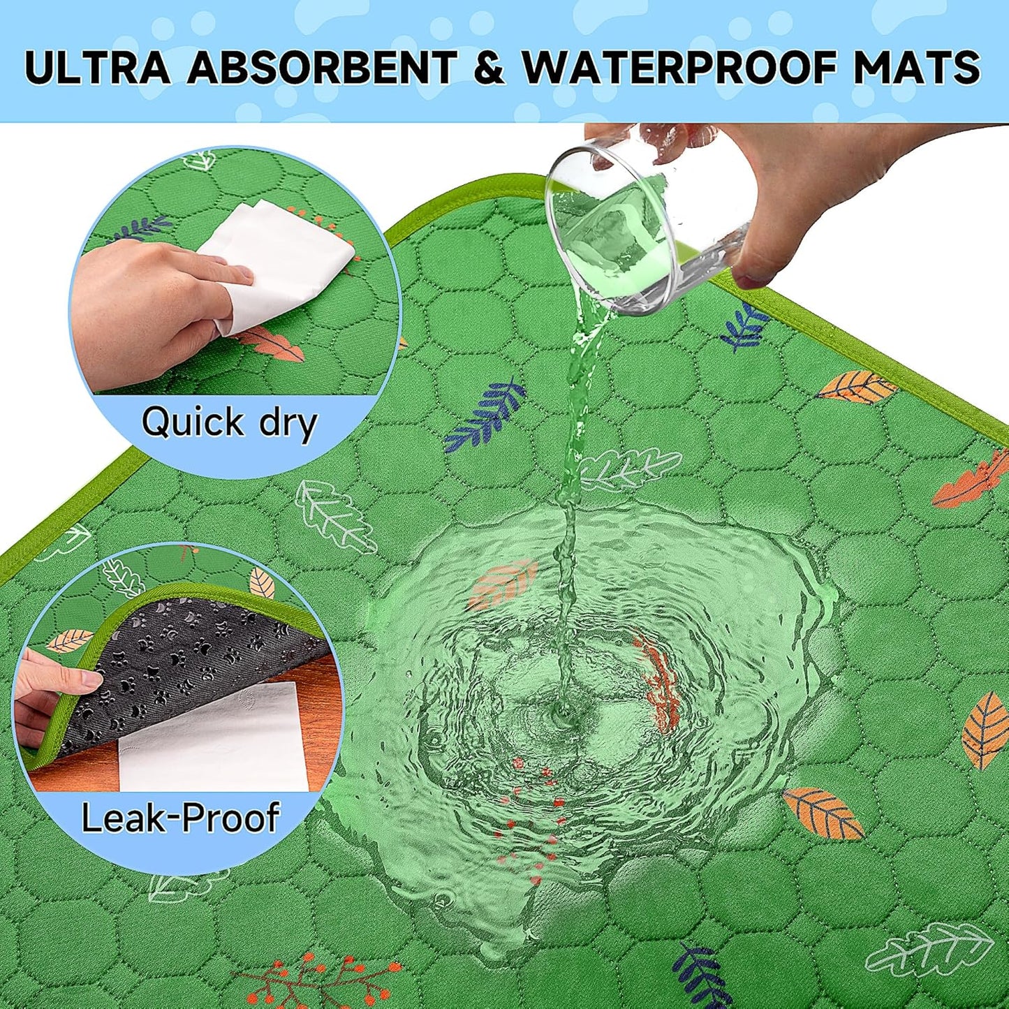 Sunheir 2-Pack Extra Large Reusable Dog Mat for Floor, Dog Playpen, Non-Slip Waterproof Super Absorbent Washable Pee Pads for Dogs, Pet Whelping Pads, Potty Training - Green, 36" x 72"