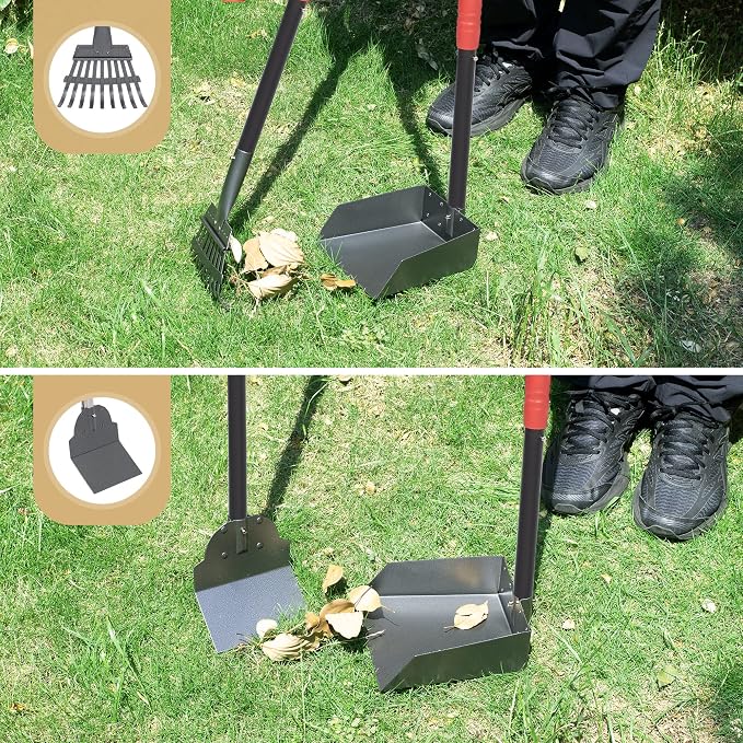 Dog Pooper Scooper, Dog Poop Tray and Rake Set with Long Stainless Handles | Pet Waste Removal Scoop with Adjustable Sectional Handles