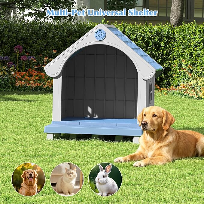 Bifanuo Dog House Outdoor Weatherproof with Porch for Small Medium Dogs, Durable Plastic Pet House with Sloping roof and Elevated Floor, Easy Cleaning and Assemble (Blue, 32.95"D x 31.5"W x 37.88"H)