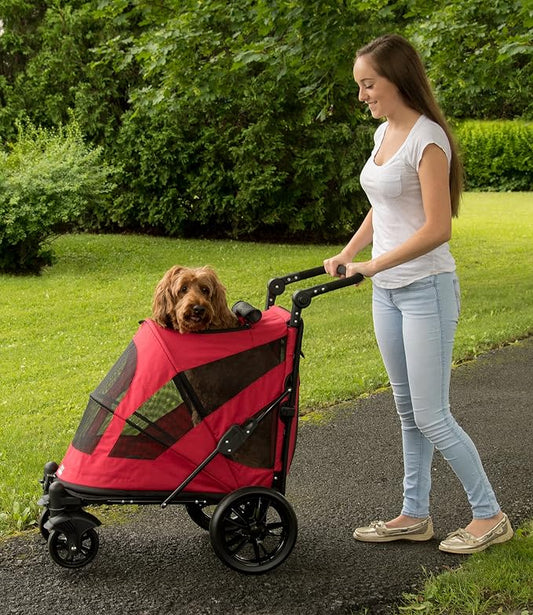 Pet Gear NO-Zip Pet Stroller with Dual Entry, Push Button Zipperless Entry for Single or Multiple Dogs/Cats, Pet Can Easily Walk in/Out, No Need to Lift Pet, Gel-Filled Tires