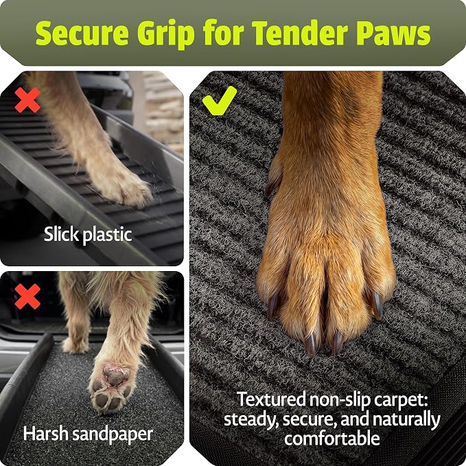 Foldable Dog Ramp for Cars, Trucks & SUV - 63” Long, 250 LB Capacity | Reflective Edges, Flirt Pole and Built-in Carry Handle Included.